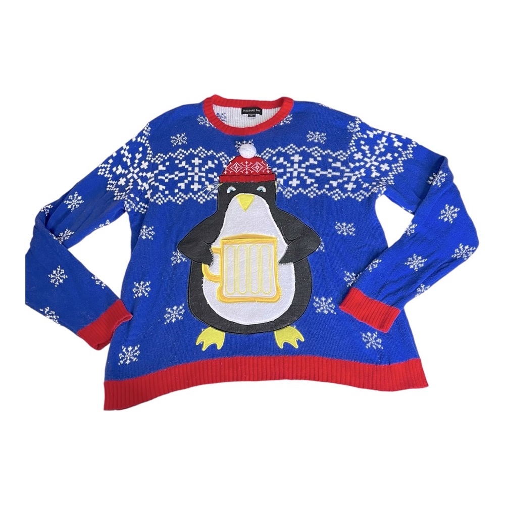 Blizzard Bay Cotton Ugly Christmas Sweater Penguin Drink Holder Please Read
